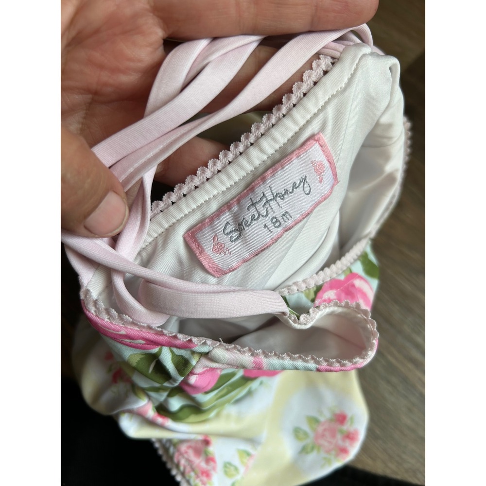 SweetHoney Baby Girls Floral One Piece Swimsuit Pink Yellow Lace Trim 18M - Picture 2 of 4